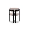 Beige velvet dining chair with three-legged structure in black