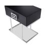 black side table with geometric stainless steel accents