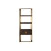 Brass framed shelving with wooden shelves and a drawer for storage