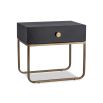 Black bedside table with brass handle and brass legs