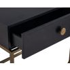 Black bedside table with brass handle and brass legs