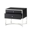 Black ash wood two drawer side table with silver accents and curved legs