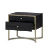 Dark wood side table with two drawers, curved legs and brass accents