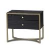 Dark wood side table with two drawers, curved legs and brass accents