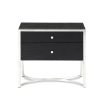 Black ash wood two drawer side table with silver accents and curved legs