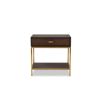 Brown wood bedside table with brass frame and brass handle