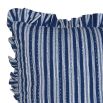 Square cushion in blue stripe design with ruffled edges.