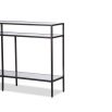 Bronze-finished console table with glass shelving