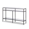 Bronze-finished console table with glass shelving