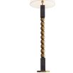 Floor lamp with blocks of ebonised mango wood that border a totem of antique brass spheres