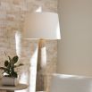 Tall wooden floor lamp with rustic details