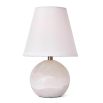 White circular alabaster lamp with linen shade