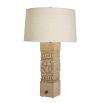 Hieroglyphics-inspired brown lamp with off-white linen shade