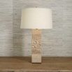 Hieroglyphics-inspired brown lamp with off-white linen shade