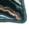 Black cushion with blue and brown swirls and fringe detail