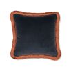 Black cushion with brown and blue swirl pattern and orange fringe