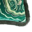 Green cushion with swirl design and grey fringe