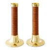 Brass candle holders with brown hand-coiled reeds