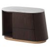 Brown bedside table with marble top, brass base and dark wood finish with two drawers and open shelving