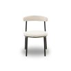 White and black minimalist dining chairs with boucle upholstered back rest and round seat