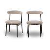 set of two dining chairs with black frame and boucle upholstered back rest and round seat