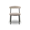 set of two dining chairs with black frame and boucle upholstered back rest and round seat