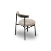 set of two dining chairs with black frame and boucle upholstered back rest and round seat