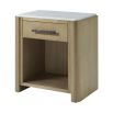 Light brown wood bedside table with exposed shelf and marble style top