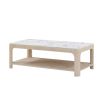 Rectangular coffee table with light ribbed wood finish and white marble top