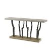 Wooden plinth console table with branch-like bronze framework and concrete style top