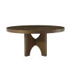 Rich brown round dining table with arched, interlocking legs