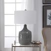 Blue-grey glazed ceramic lamp with hardback shade