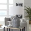 Blue-grey glazed ceramic lamp with hardback shade