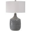 Blue-grey glazed ceramic lamp with hardback shade