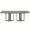 Rectangular dining table with rich wood grain and metal accents