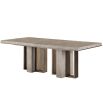 Rectangular dining table with rich wood grain and metal accents