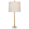 This table lamp features a gold leaf finish, stacked hourglass design, crystal base, and an ivory linen shade, exuding elegance and timeless sophistication. Sold as a set of two.