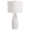 This ceramic lamp features a textured satin white finish, brushed nickel accents, and a white linen shade, adding elegance and simplicity to any room.