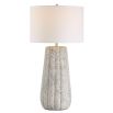 This ceramic lamp features a weathered stone finish, brushed nickel accents, and a soft off-white linen shade, bringing timeless elegance and classic sophistication to any space.