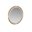 Round mirror framed in antique brass and wrapped in stitched ivory leather