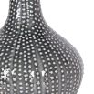 Grey vase with white bobbin design.