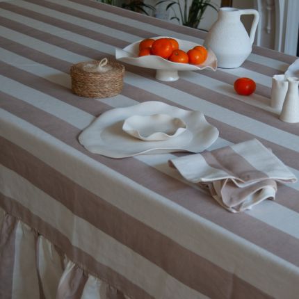 Large Rectangle Tablecloth Ruffle - Mocha Stripe